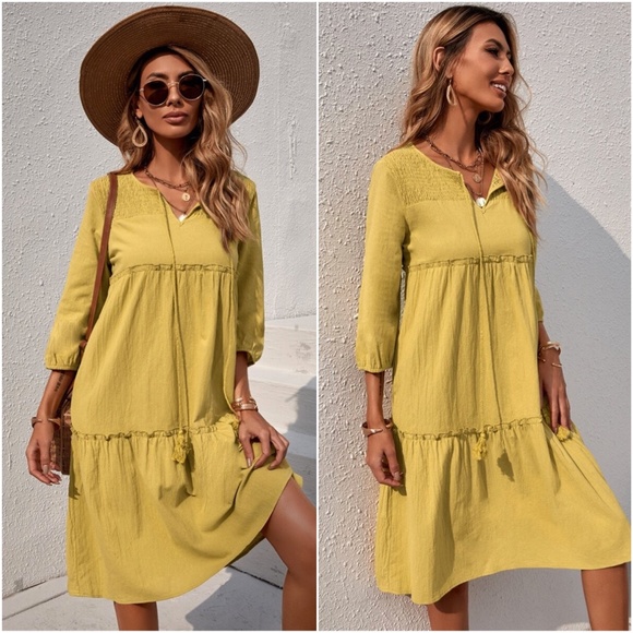 boho tassel front tie mustard 3/4 sleeve dress - Picture 2 of 3